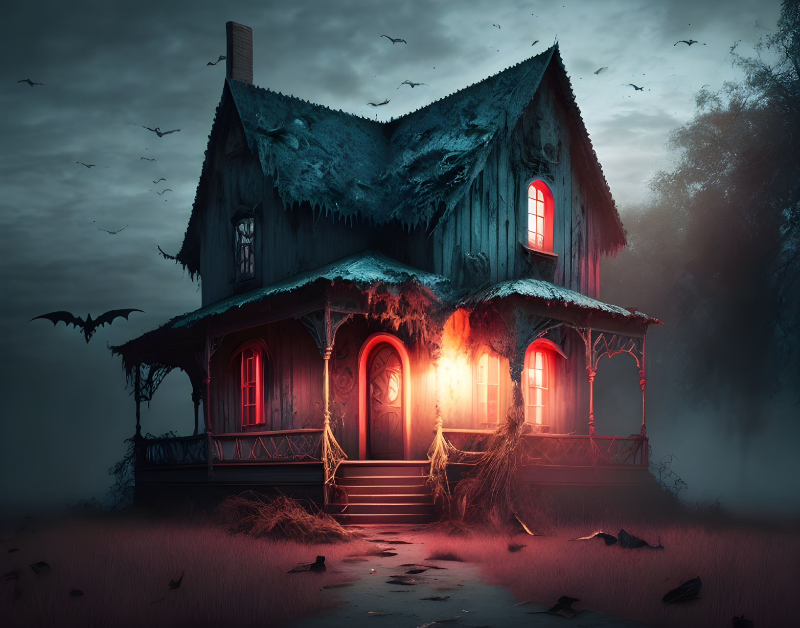 Spooky abandoned house with red windows, cobwebs, mist, and bats