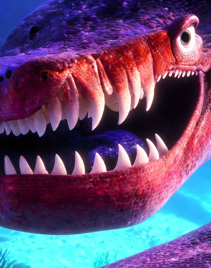 Smiling purple sea serpent with sharp teeth and vibrant eyes underwater