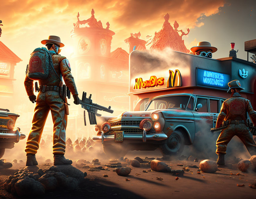 Armed characters in dystopian scene with vintage cars and volcanic mountains