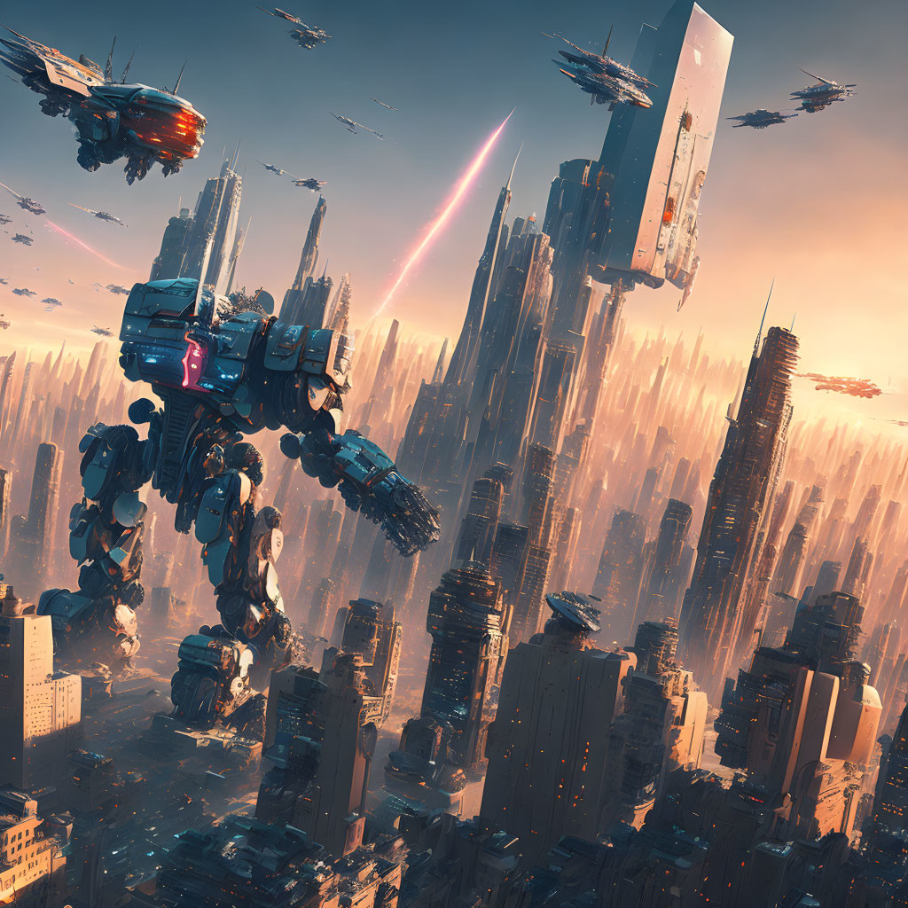 Futuristic cityscape with skyscrapers, flying vehicles, and giant robots