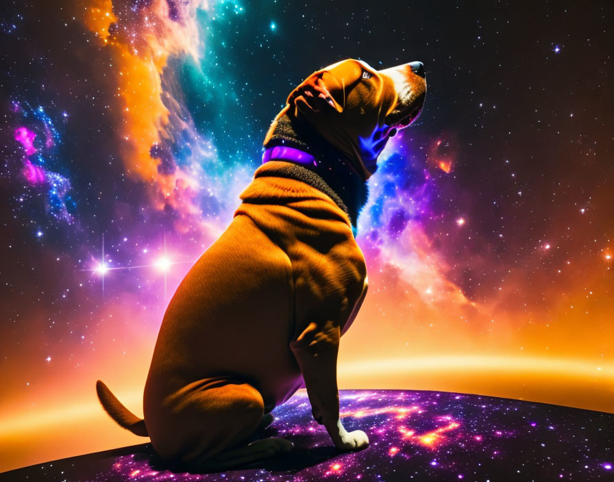 Dog looking at vibrant cosmic sky with stars and nebulae