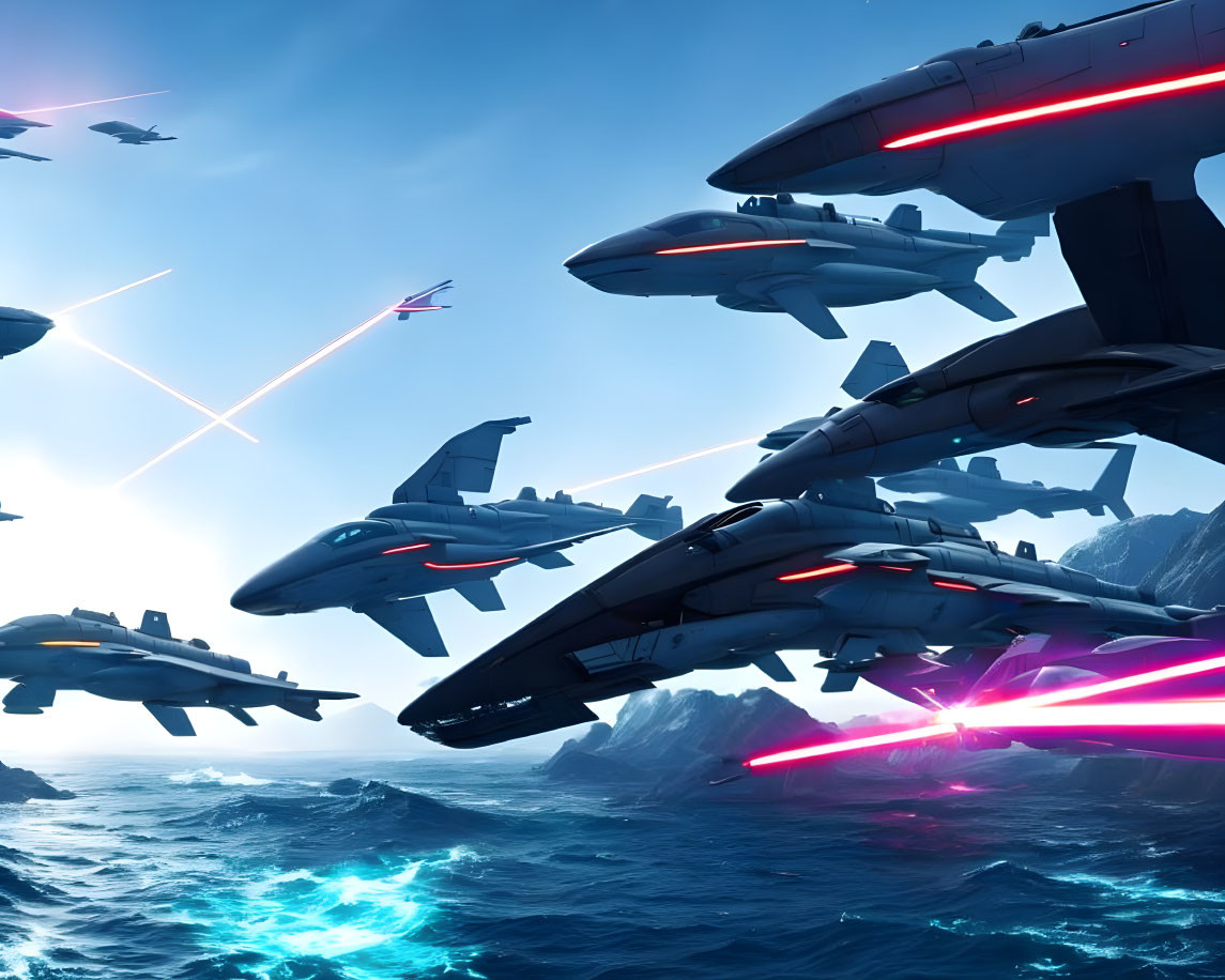 Glowing futuristic fighter jets in intense dogfight over stormy seas