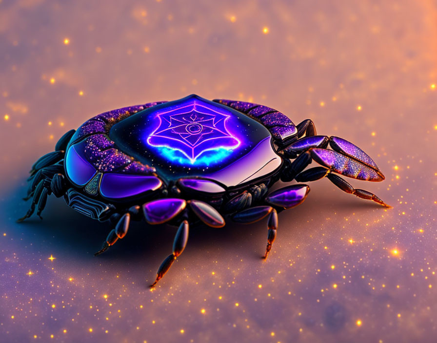 Sparkling Purple and Blue Cosmic Crab on Starry Orange Background