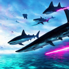 Glowing futuristic fighter jets in intense dogfight over stormy seas