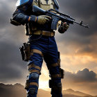 Futuristic soldier in advanced armor with glowing blue accents holding a rifle against dramatic sky and fiery landscape