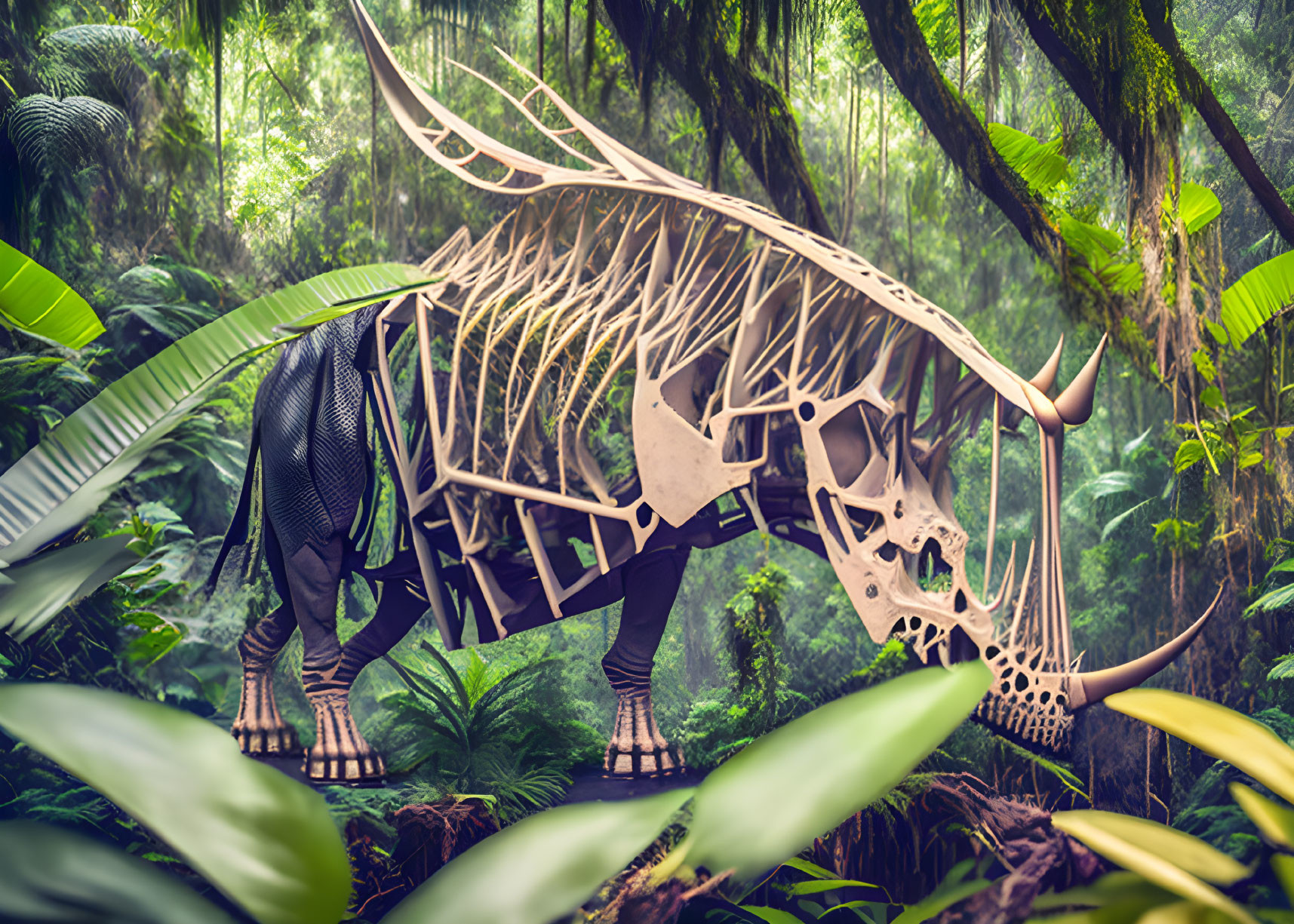 Digitally rendered Triceratops skeleton in forest setting