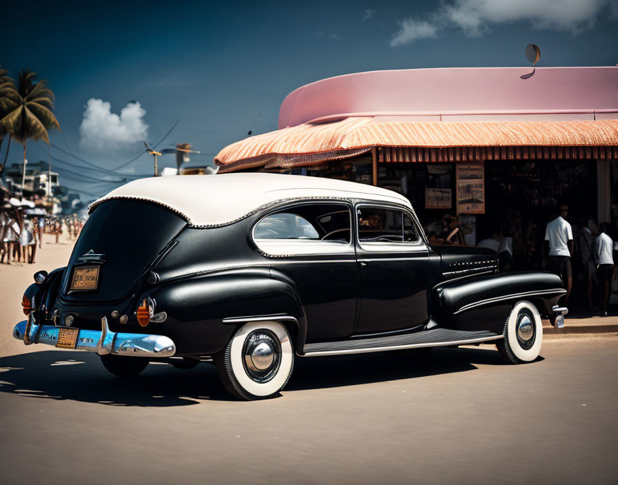 Vintage Black Car with White Sidewall Tires Parked in Front of Pink Facade Building