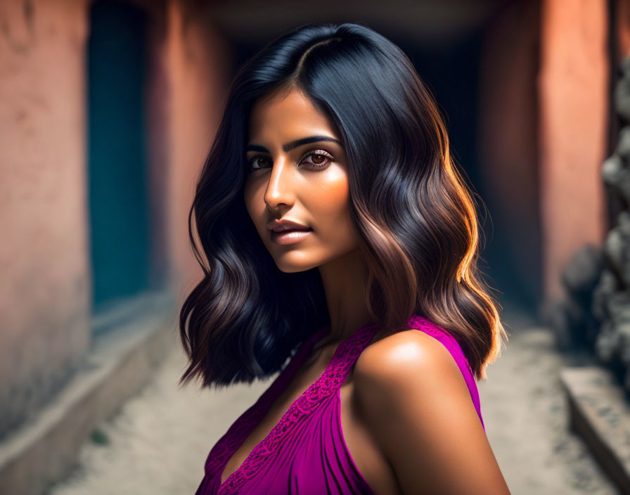 Woman with Wavy Hair in Magenta Dress in Softly Lit Alley