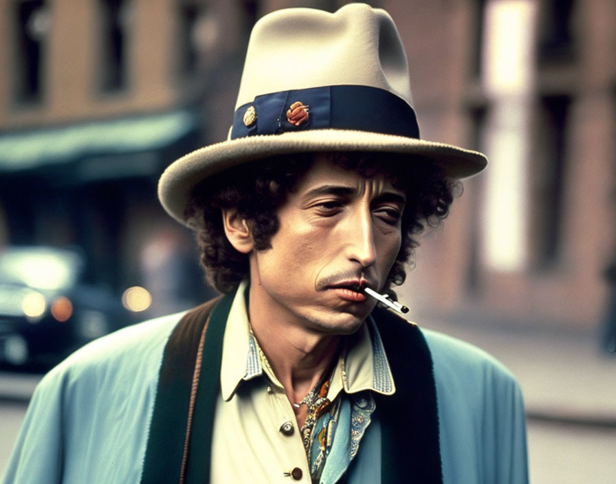 Curly-Haired Man in Fedora Smoking Cigarette on City Street