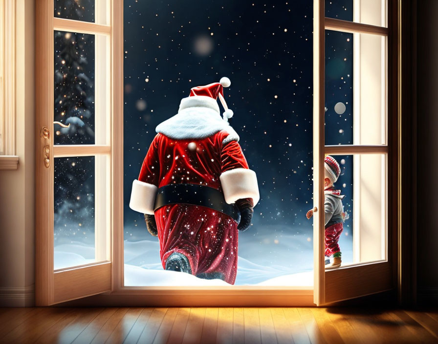 Santa Claus and child at snowy night window.