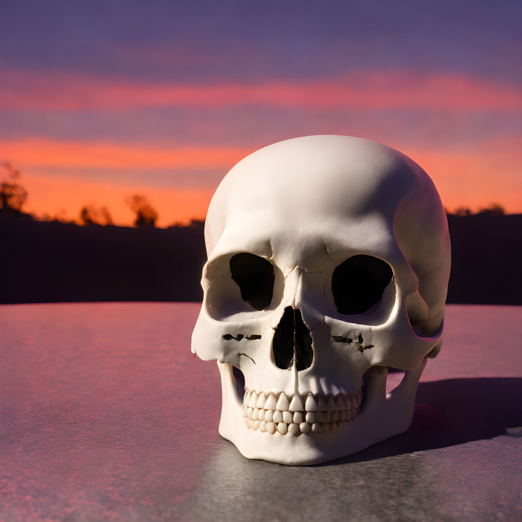 Replica human skull against purple and orange sunset sky