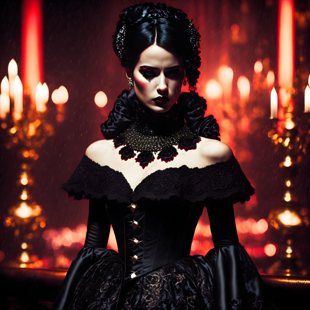 Victorian gothic woman in choker, surrounded by red candles in dark ambiance