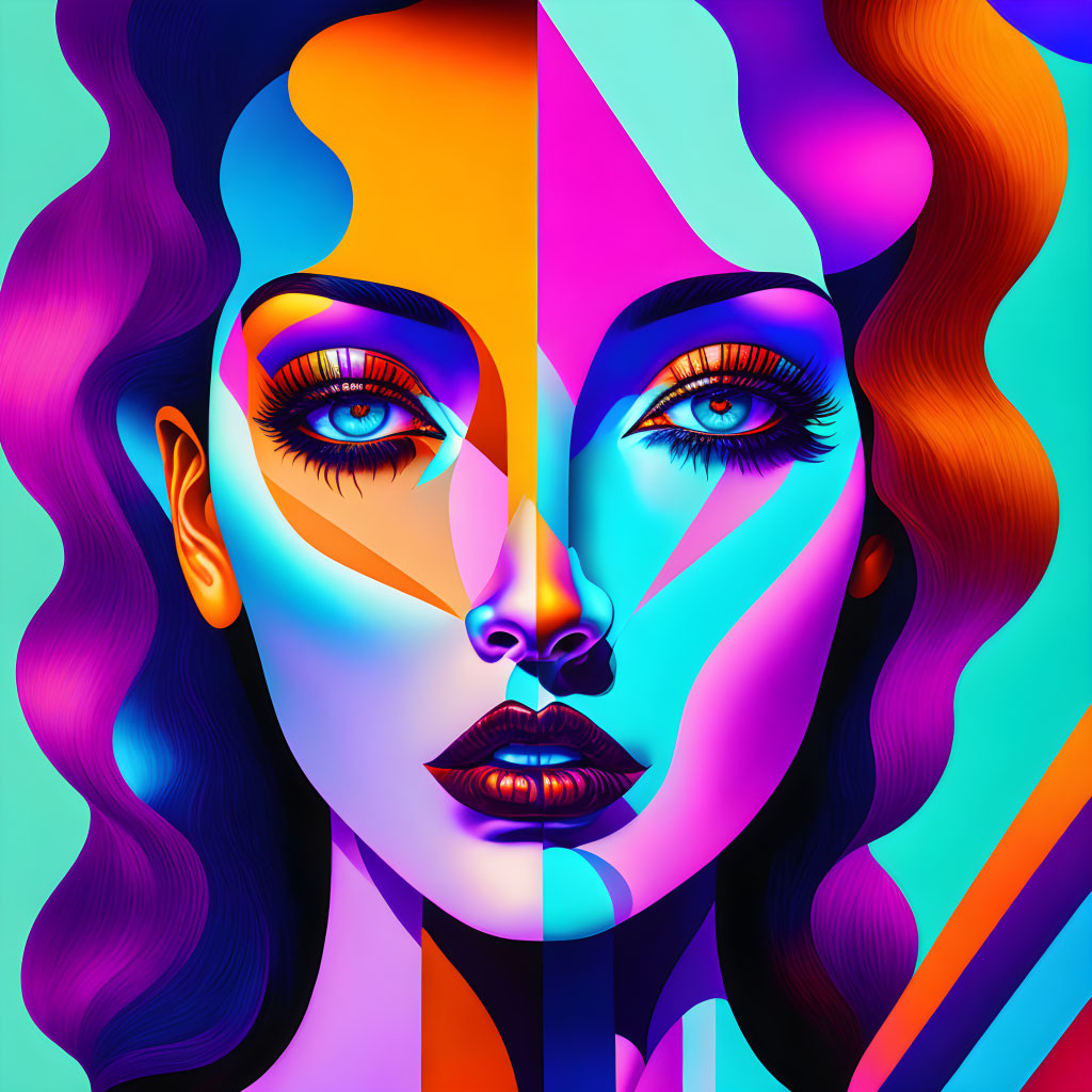 Split-faced woman in vibrant digital artwork - realistic vs. surreal features