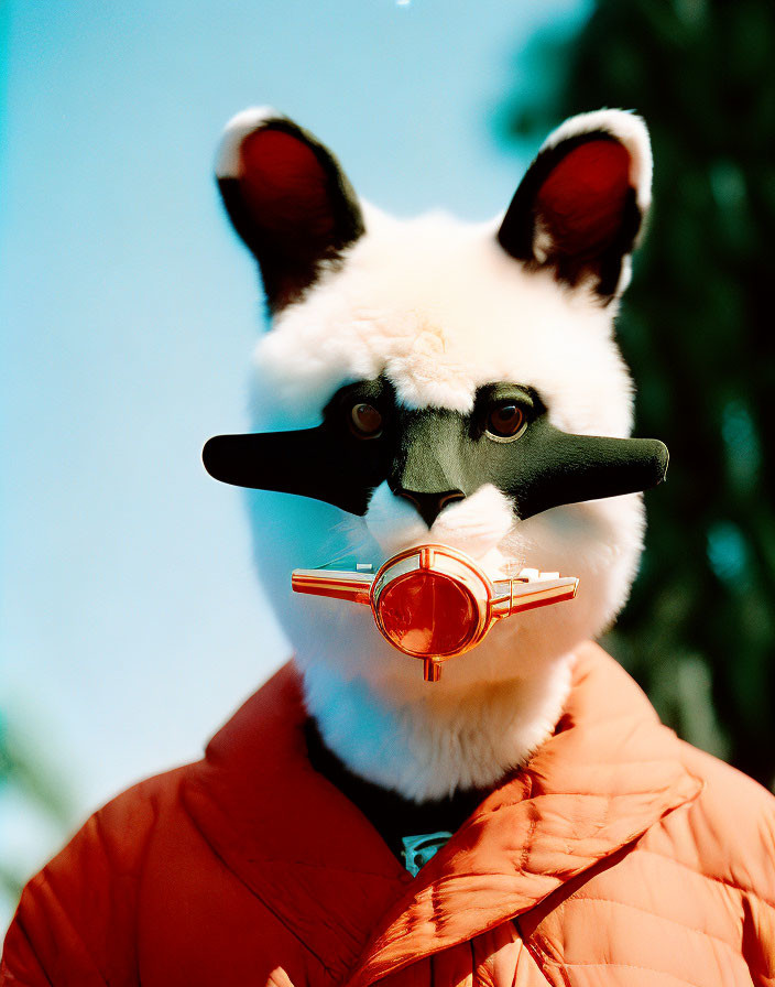 Cartoonish animal mask with large ears and red nose on person.