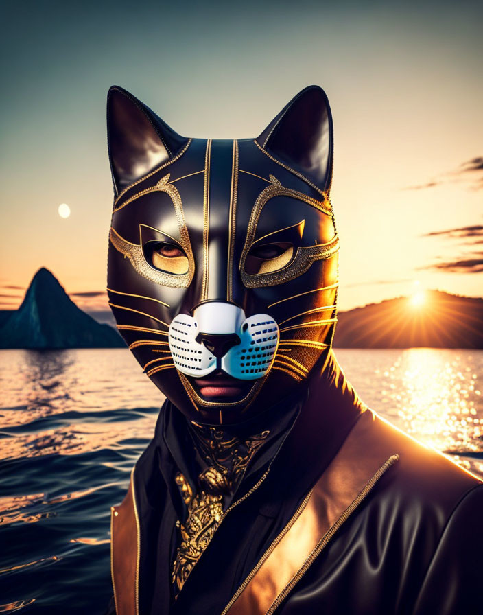 Stylized cat mask with golden accents against sunset and mountain silhouette