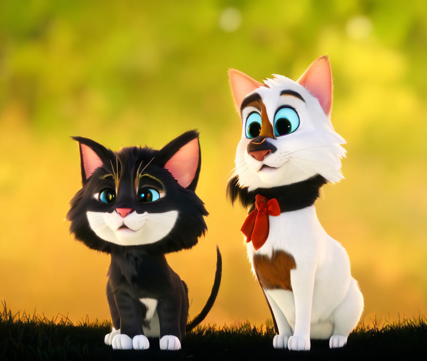 Two animated cats with expressive eyes, one black and white with a bushy tail, and the other