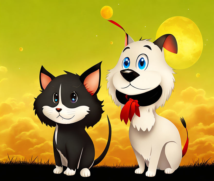 Cartoon Cat and Dog in Twilight Sky with Moon and Stars