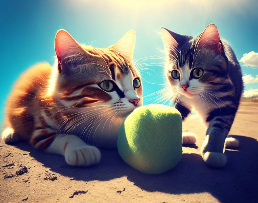 Two Cats with Striking Markings Gaze at Green Tennis Ball