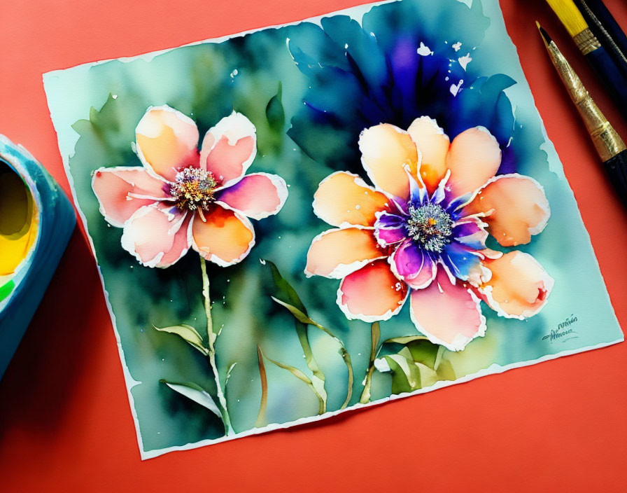 Colorful watercolor painting of blooming flowers with brushes on red background