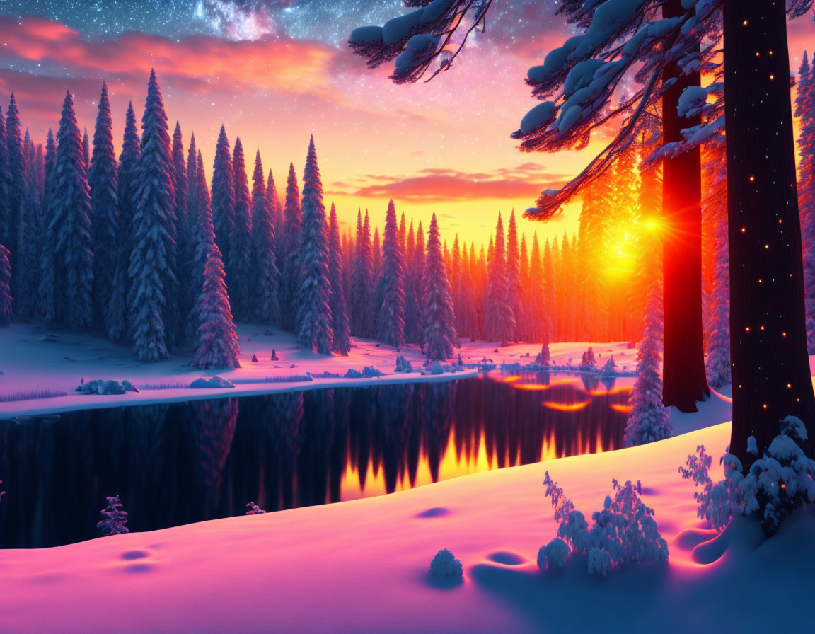 Winter Sunset: Vibrant Skies, Snowy Trees, Tranquil River