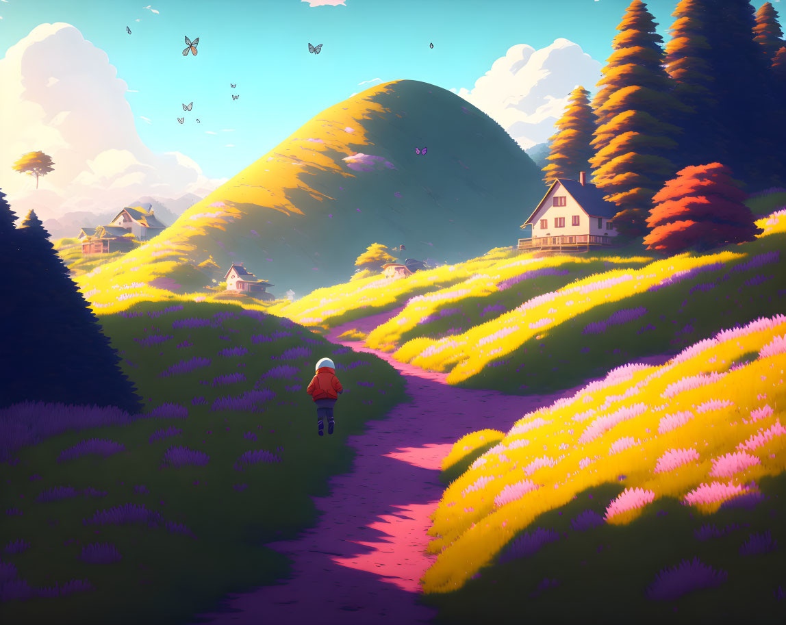 Person walking on path through vibrant, flower-dotted hills towards cozy houses