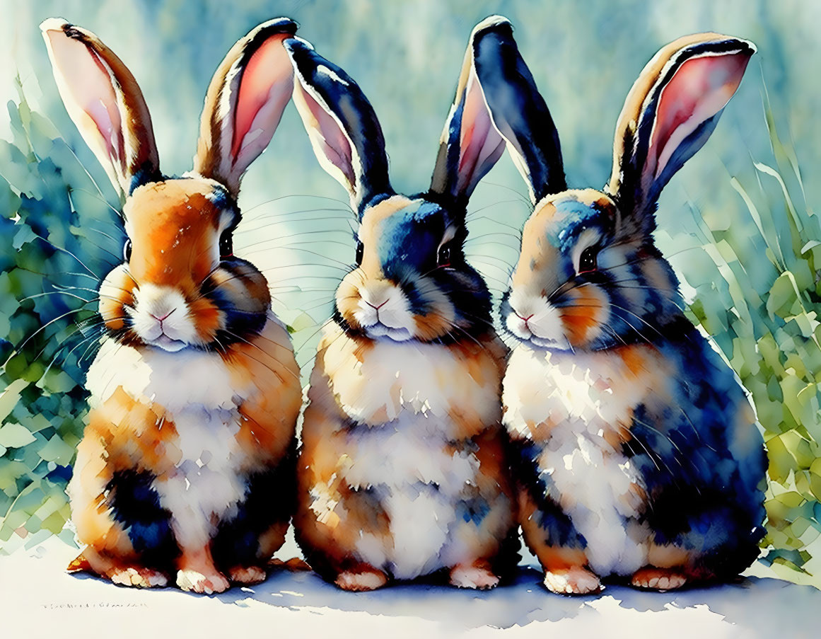 Colorful Watercolor Painted Rabbits on Blue-Green Background