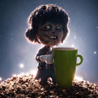 Animated spooky doll in coffee beans with squirt gun and mug