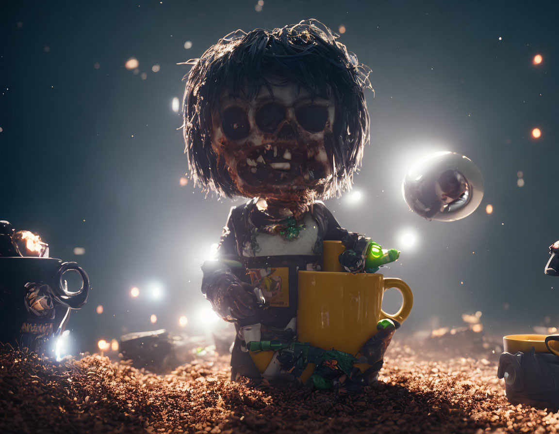 Animated spooky doll in coffee beans with squirt gun and mug