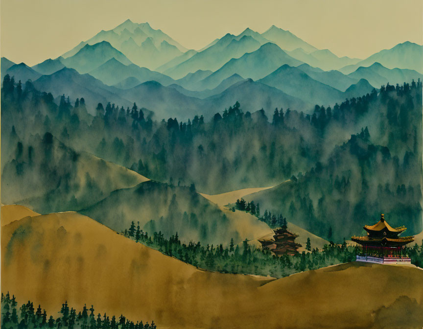 Traditional Asian landscape painting: Layered misty mountains with temple nestled.