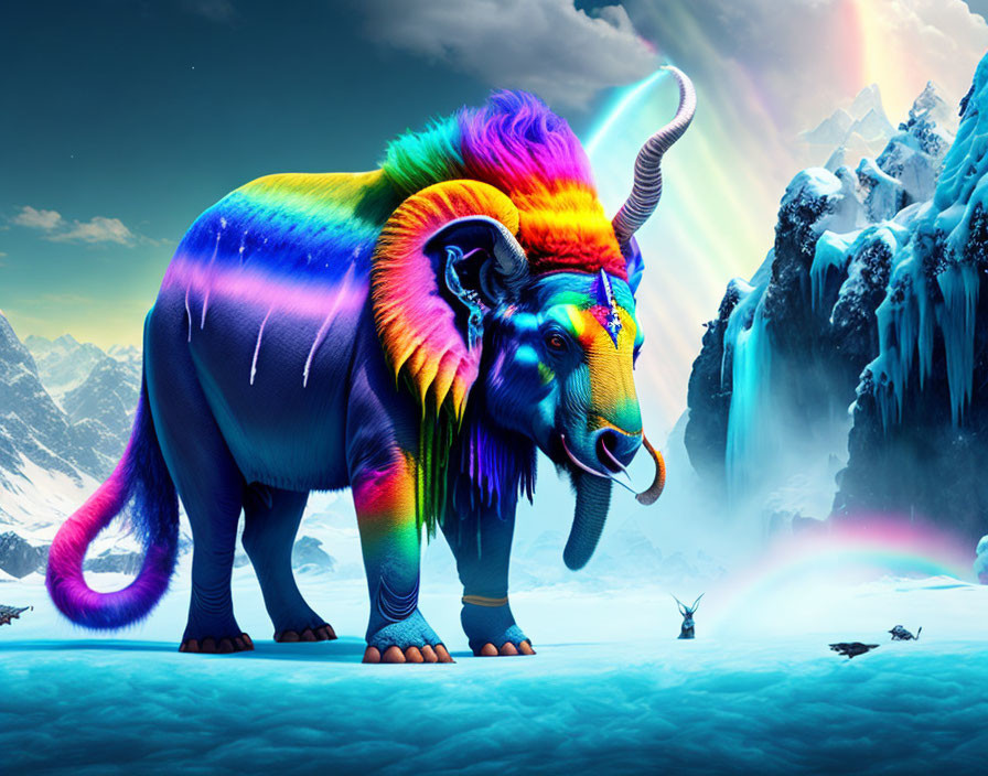 Rainbow-colored elephant with woolly coat in snowy landscape