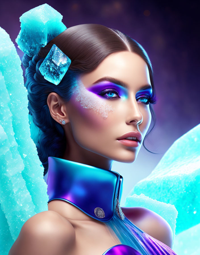 Digital artwork: Woman with glowing blue makeup and ice crystals in cosmic backdrop