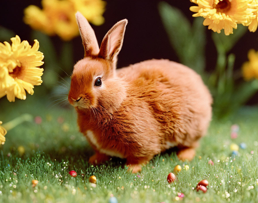 Fluffy brown rabbit with Easter eggs and yellow flowers on grassy surface