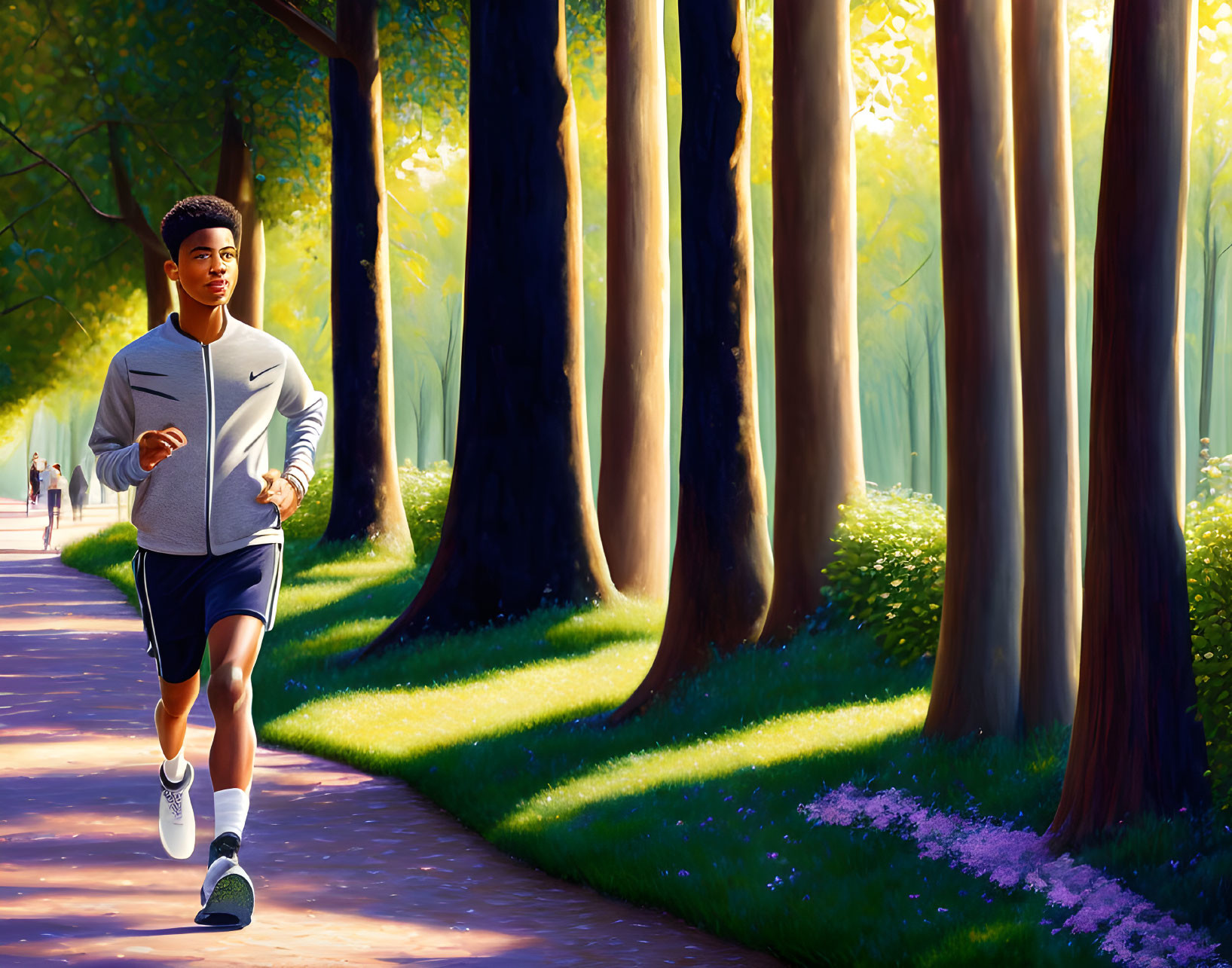 Person jogging on sunlit park path with tall trees and purple flowers.