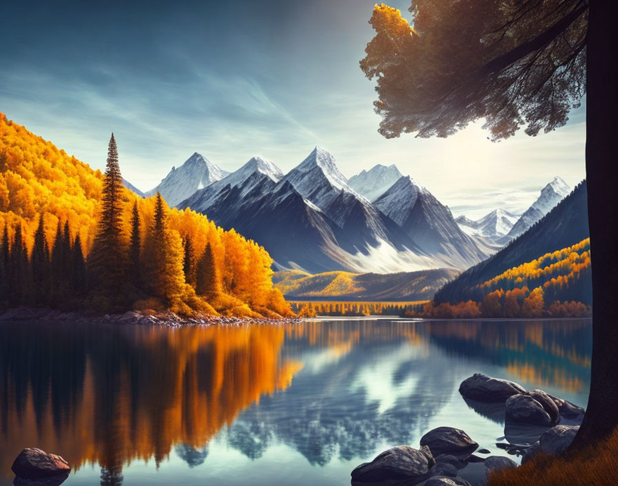 Vibrant orange trees in autumn landscape near calm lake with snowy mountains and clear sky