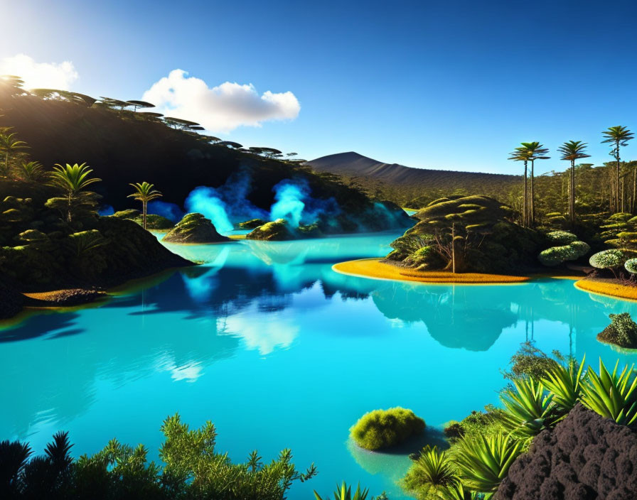 Surreal landscape with vibrant blue waters and exotic trees