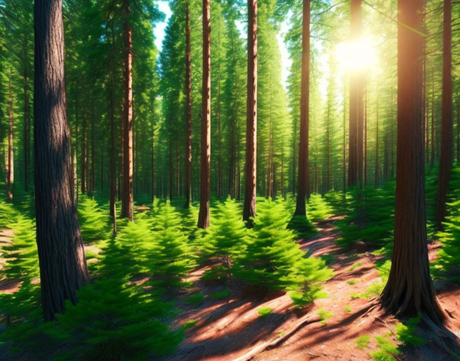 Sunlight illuminates dense pine forest understory