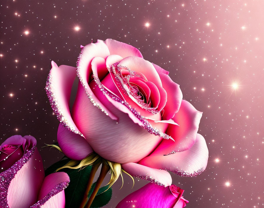 Digitally enhanced pink rose with glitter on petals against starry pink background