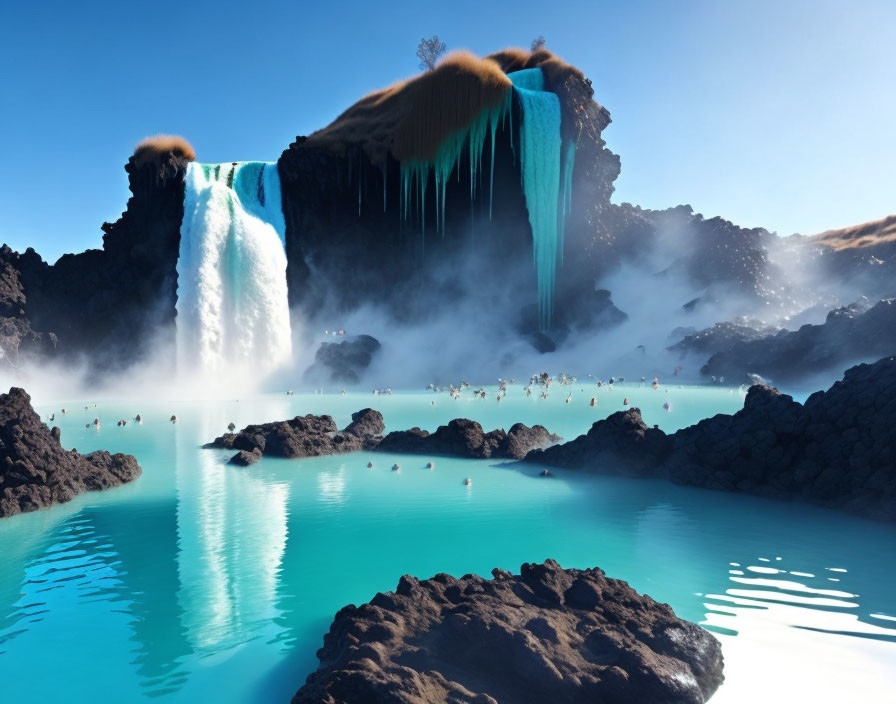 Geothermal Lagoon with Bathing People, Waterfall, and Icy Formations