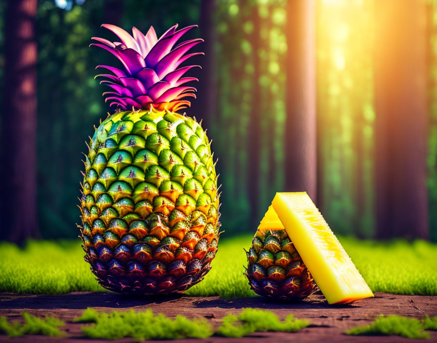 Colorful Pineapple and Slice on Wood with Forest Background