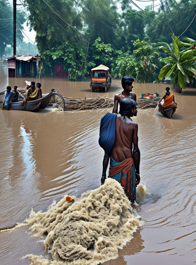 Flooded street with people wading and rowing boats