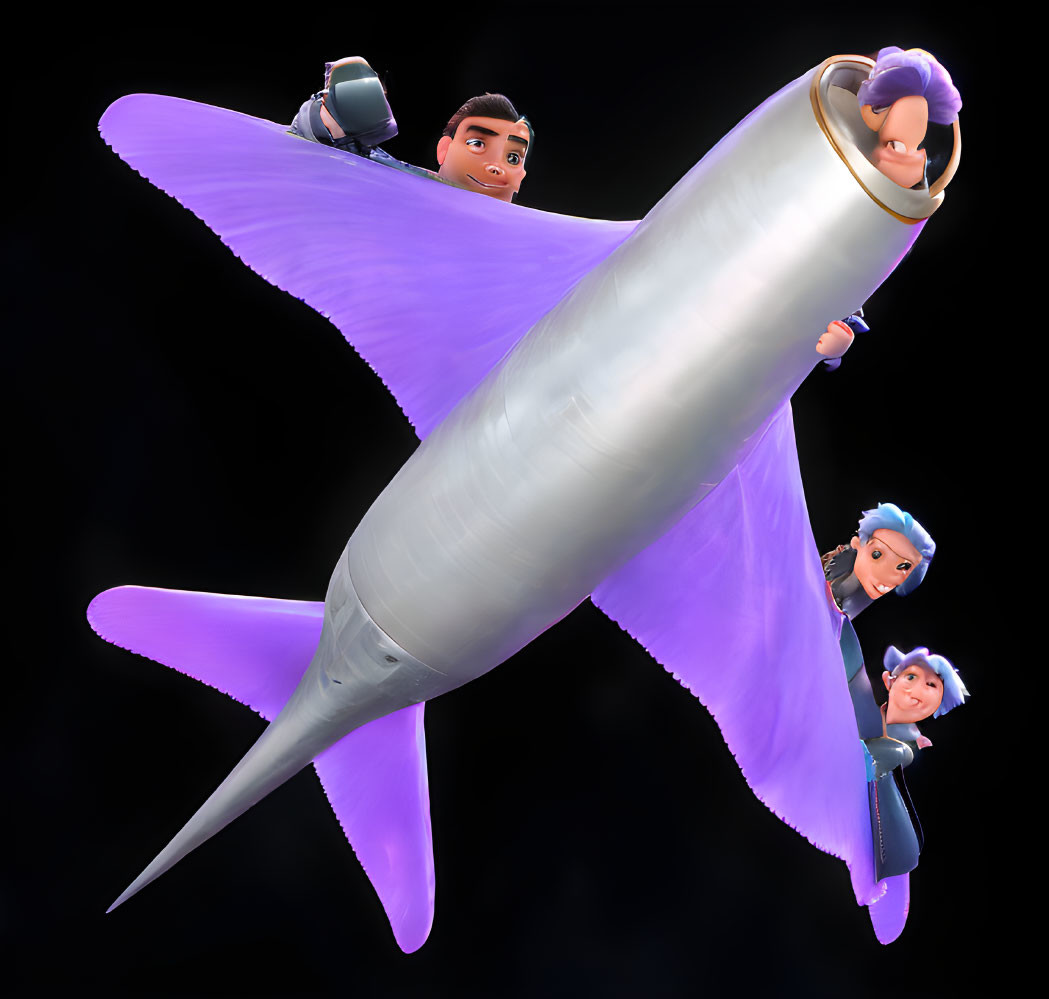 Futuristic animated characters on silver and purple winged rocket