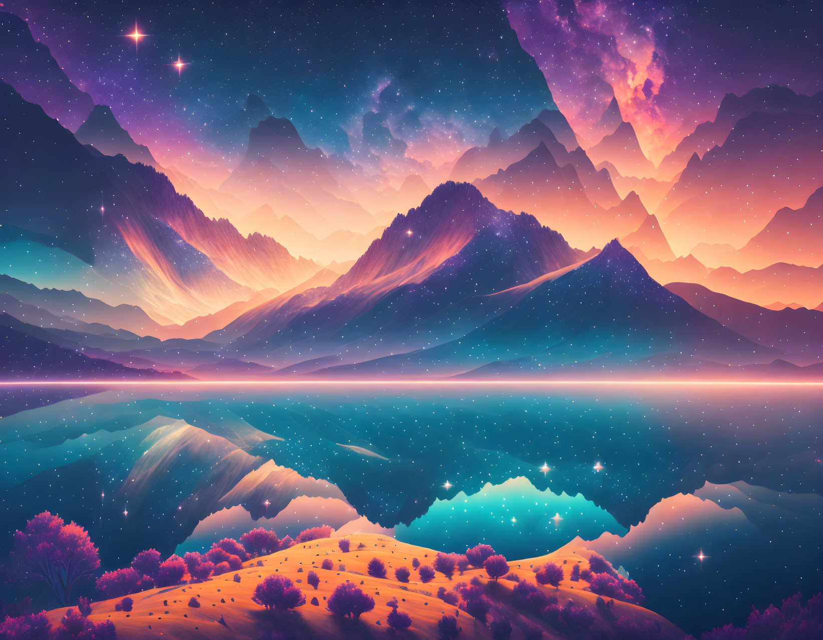 Vibrant mountains, starry sky, reflective lake in surreal landscape