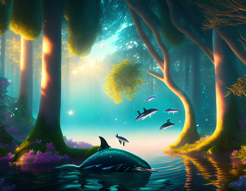 Enchanting forest scene with glowing trees and dolphins leaping over serene lake