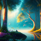 Enchanting forest scene with glowing trees and dolphins leaping over serene lake