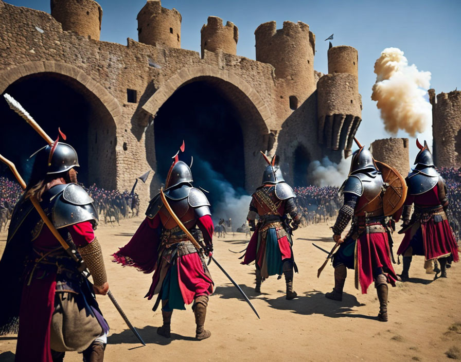 Medieval knights on horseback charging out of a castle into battle with billowing smoke.