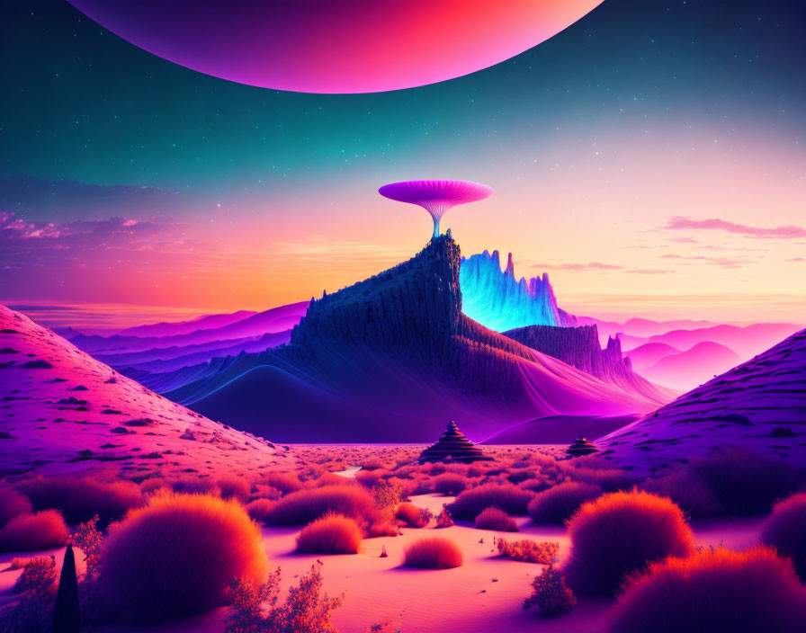 Vibrant surreal landscape with ringed planet, mountains, monolithic structure, and fluffy vegetation.