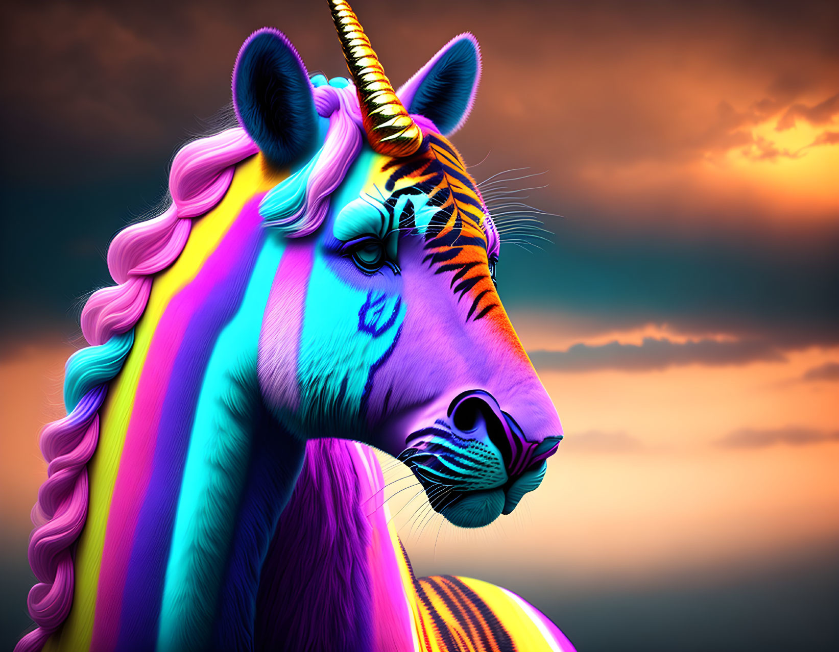 Colorful digital art: Zebra with unicorn horn in sunset sky