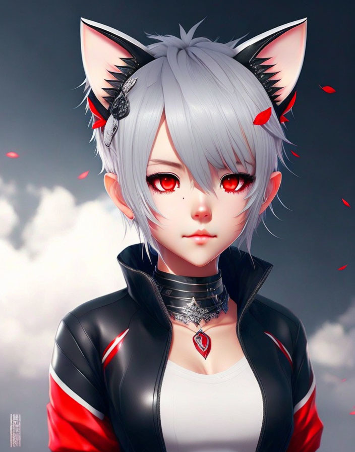 Silver-haired anime character with red eyes, cat ears, black jacket, choker, and red leaf