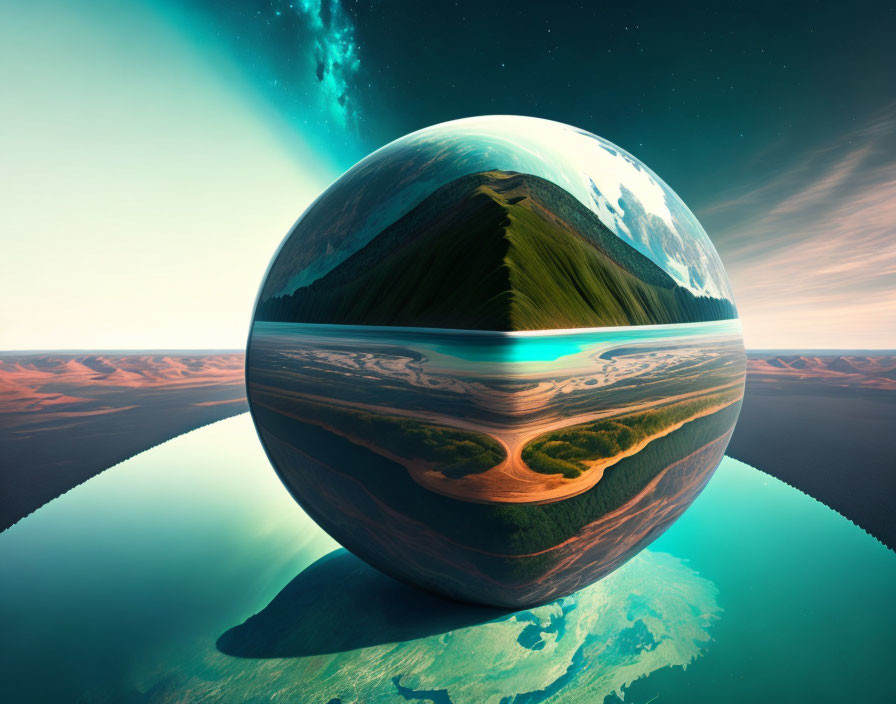 Surreal landscape with spherical Earth-like planet and cosmic backdrop