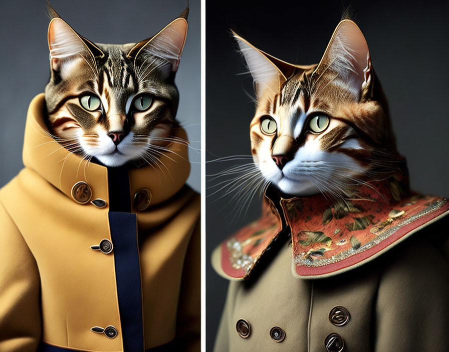 Cat with human-like features in stylish coats: yellow with blue collar and military-style with ornate patterns